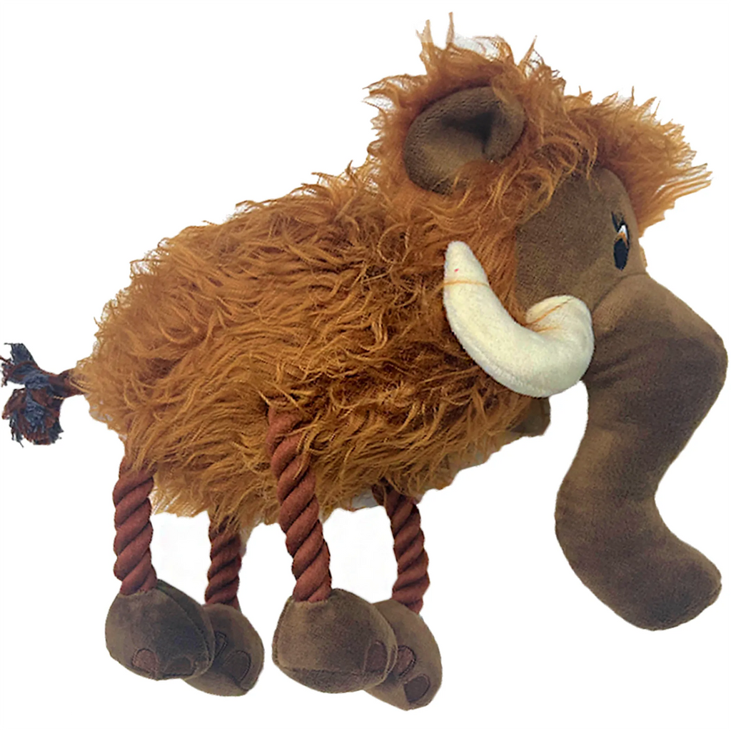 Woolly Mammoth Plush Dog Toy with Rope Legs, Tail, and Squeaker