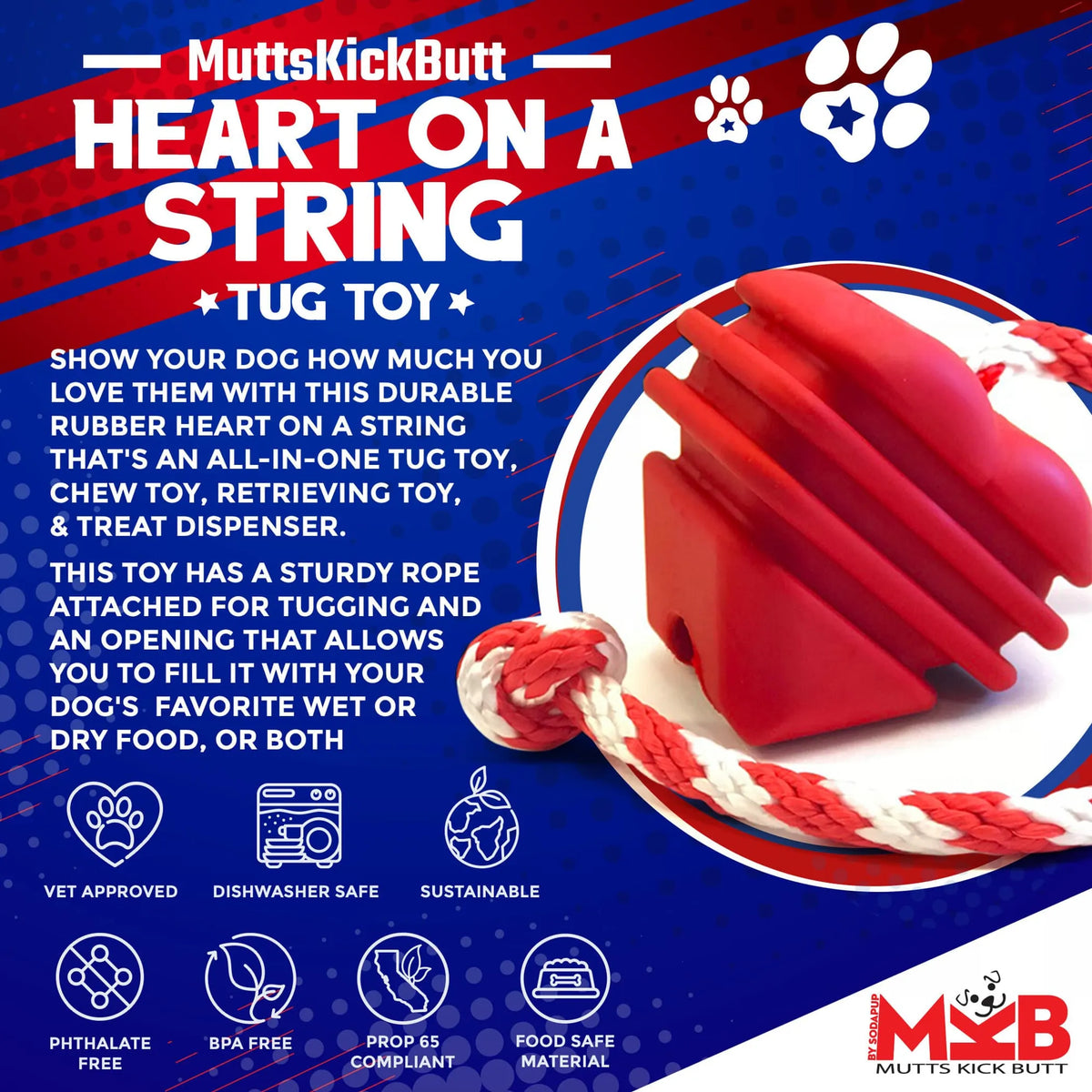 SodaPup Heart on a String Rubber Tug Toy for Large Dogs, Red
