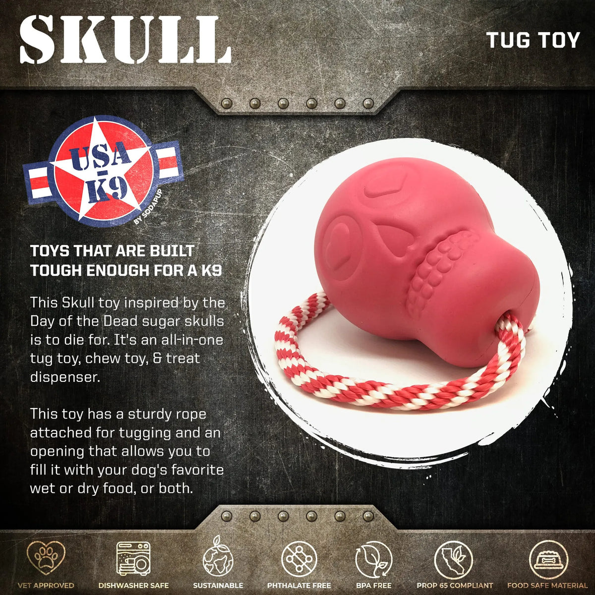 SodaPup USA-K9 Skull Rubber Chew and Treat Toy, Pink, Large